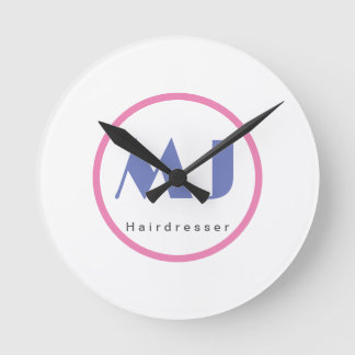 Modern Stylish Monogram Blue White Hairdresser Round Clock