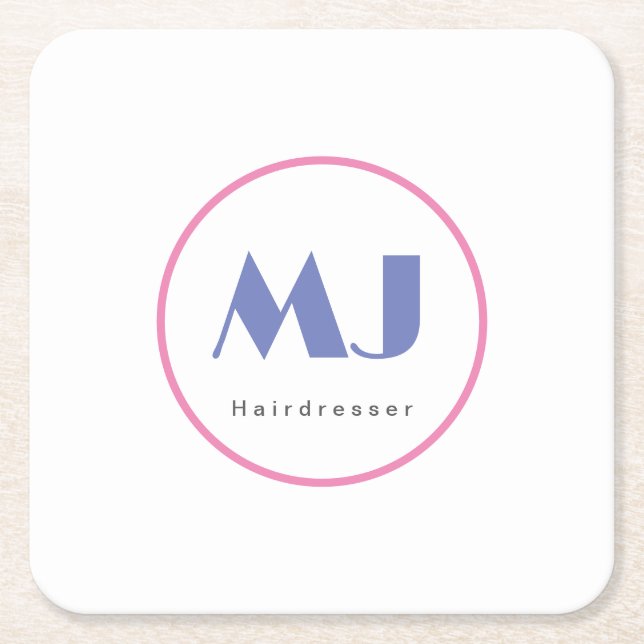 Modern Stylish Monogram Blue White Hairdresser Square Paper Coaster (Front)