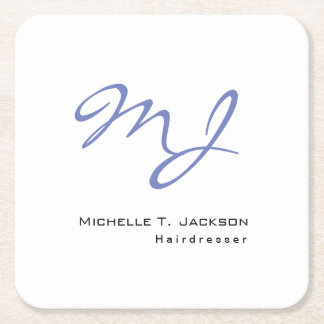 Modern Stylish Monogram Blue White Hairdresser Square Paper Coaster