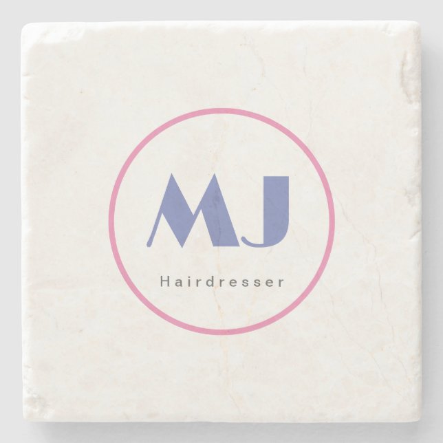 Modern Stylish Monogram Blue White Hairdresser Stone Coaster (Front)