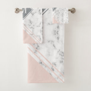 Modern stylish monogram blush pink grey marble bath towel set
