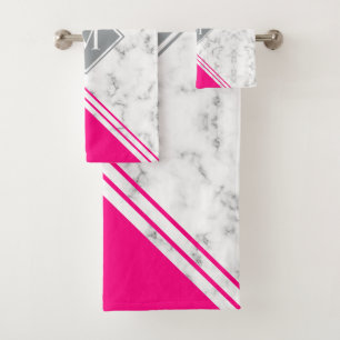 Modern stylish monogram fuchsia pink grey marble bath towel set
