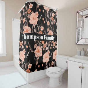 Modern stylish monogram l Floral pattern l Black Shower Curtain