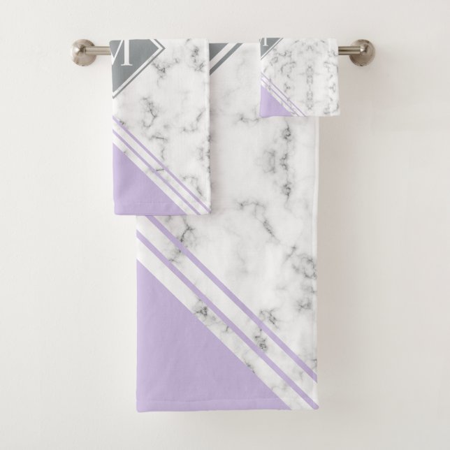Modern stylish monogram lavender grey marble bath towel set (Insitu)