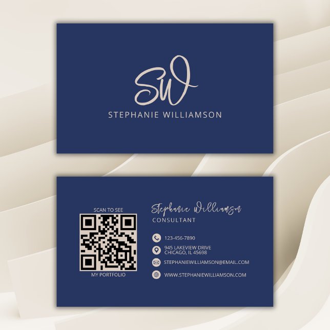 Modern Stylish Monogram QR Code Minimal Navy Business Card (Creator Uploaded)