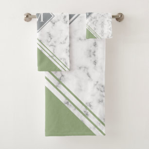 Modern stylish monogram sage green grey marble bath towel set
