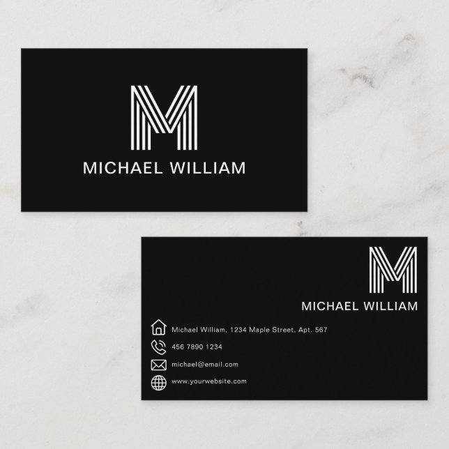Modern Stylish Monogram Simple Sleek Black Business Card (Front/Back)