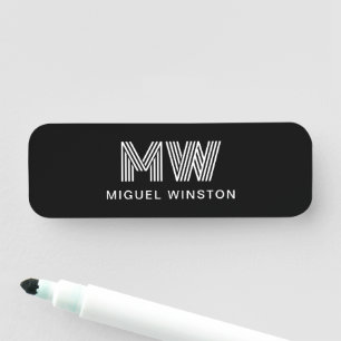 Modern Stylish Monogram Simple Sleek Black Name Tag