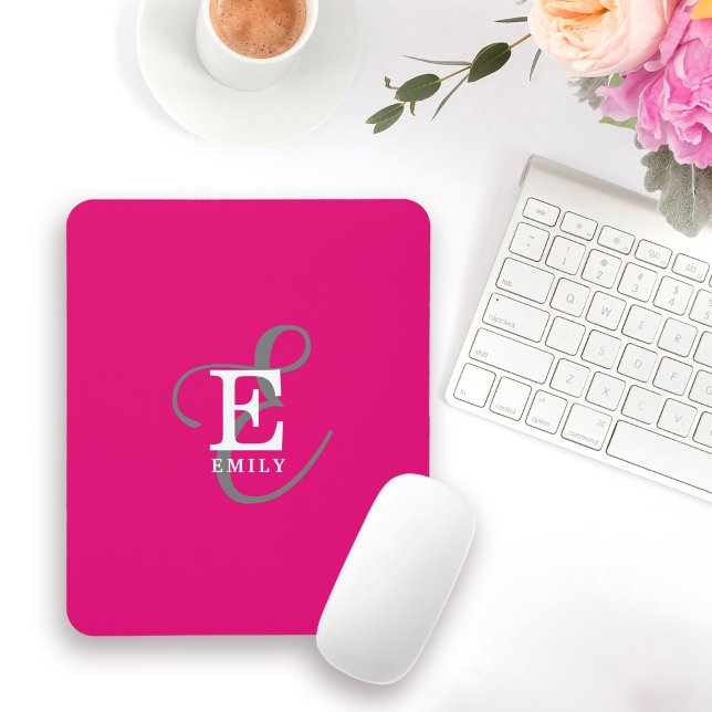 Modern Stylish Monogram Typography Hot Pink Mouse Mat (Personalize with your name and monogram initial.)