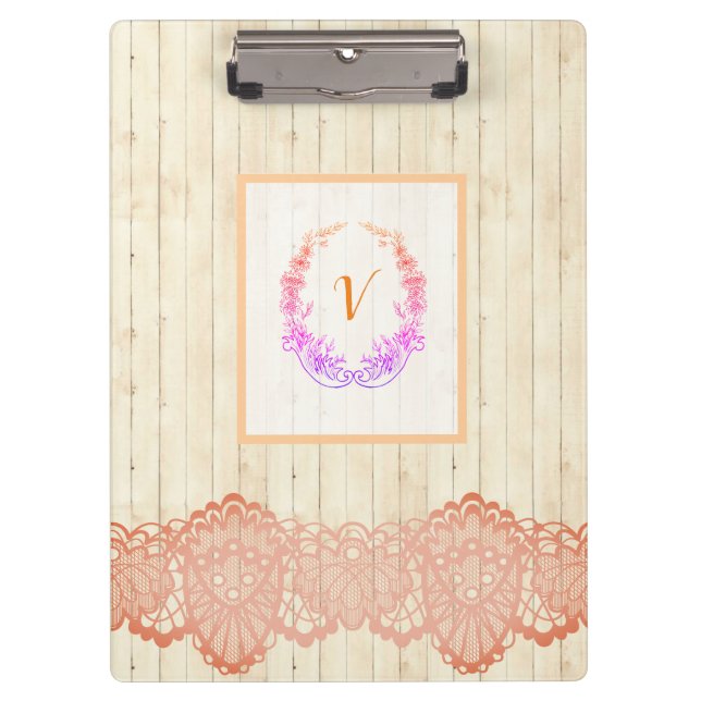 Modern Stylish Monogram Vintage Wood Clipboard (Front)