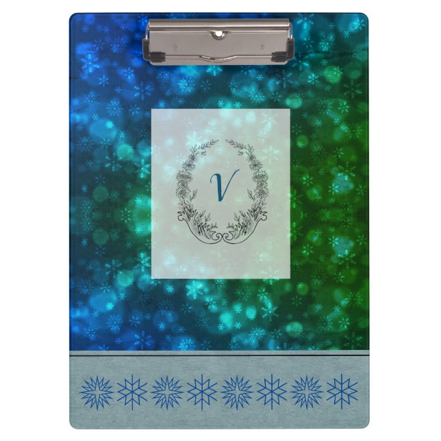 Modern Stylish Monogram Winter Snowflakes Clipboard (Front)