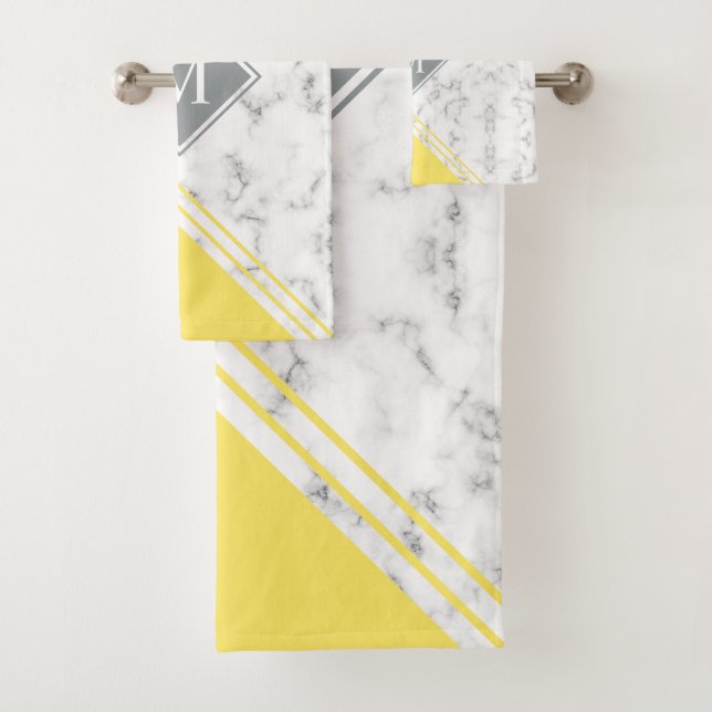 Modern stylish monogram yellow grey marble bath towel set (Insitu)