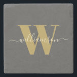 Modern Stylish Monogrammed Name Black Gold  Stone Coaster<br><div class="desc">Custom Modern Stylish Monogrammed Name in Black and Gold Coaster</div>