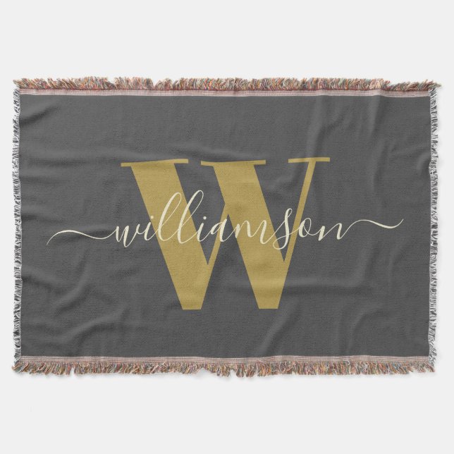 Modern Stylish Monogrammed Name Black Gold   Throw Blanket (Front)