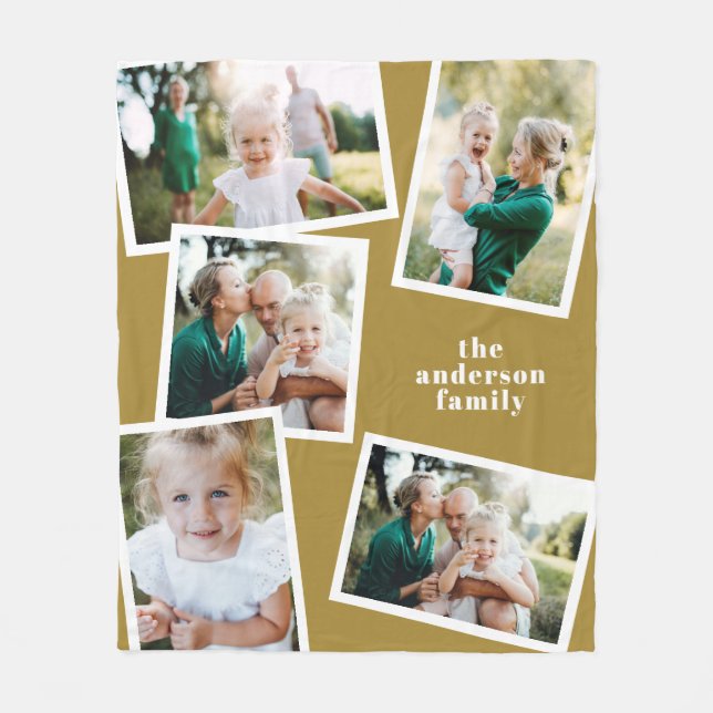 Modern stylish multi photo family decor mustard fleece blanket (Front)