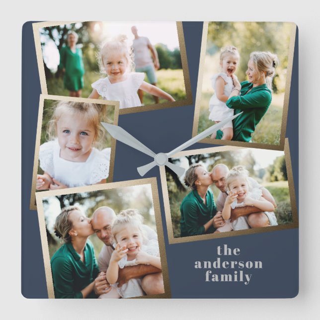 Modern stylish multi photo family home decor square wall clock (Front)