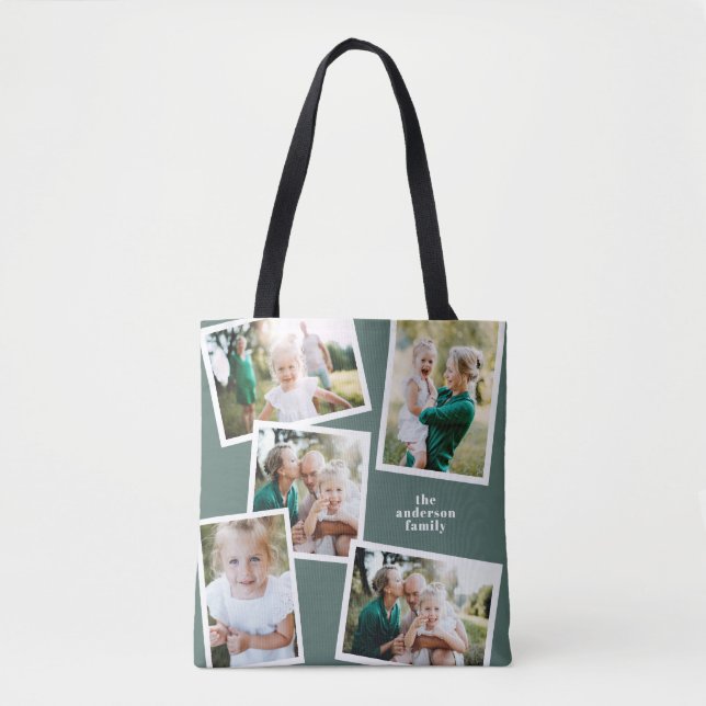 Modern stylish multi photo family sage green tote bag (Front)