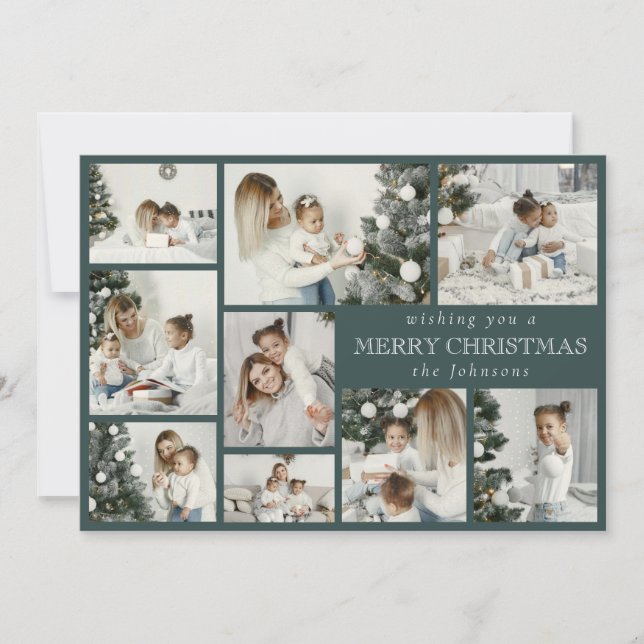 Modern Stylish Multi Photo Grid Dark Forest Green Holiday Card (Front)