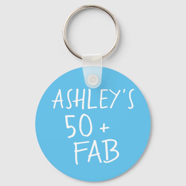 Modern Stylish Name Blue 50 Fabulous Birthday Key Ring (Front)