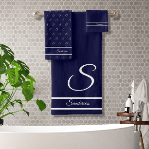 Modern Stylish Navy Blue and White Monogram Bath  Towel Set