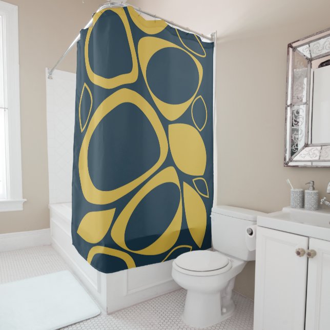 Modern Stylish Navy Blue Mustard Abstract Pattern Shower Curtain (In Situ)