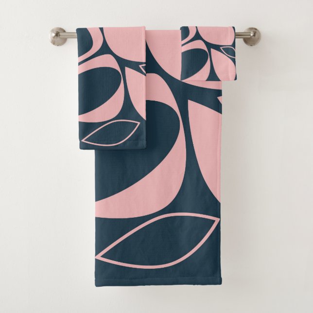 Modern Stylish Navy Soft Pink Abstract Pattern Bath Towel Set (Insitu)