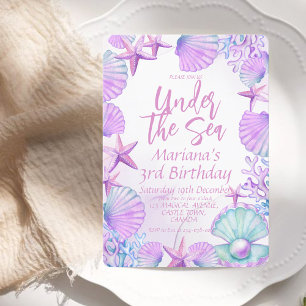 Modern Stylish Ocean  3rd Birthday Girl Party Invitation