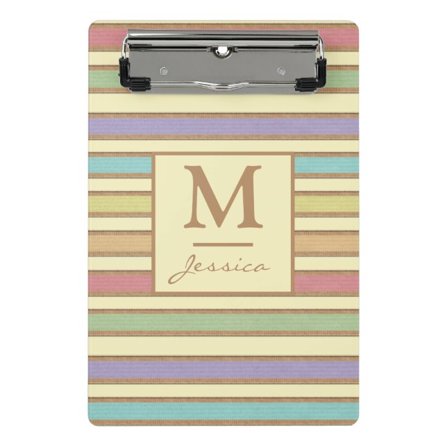 Modern Stylish Pastel Ribbon Striped Monogram Mini Clipboard (Front)