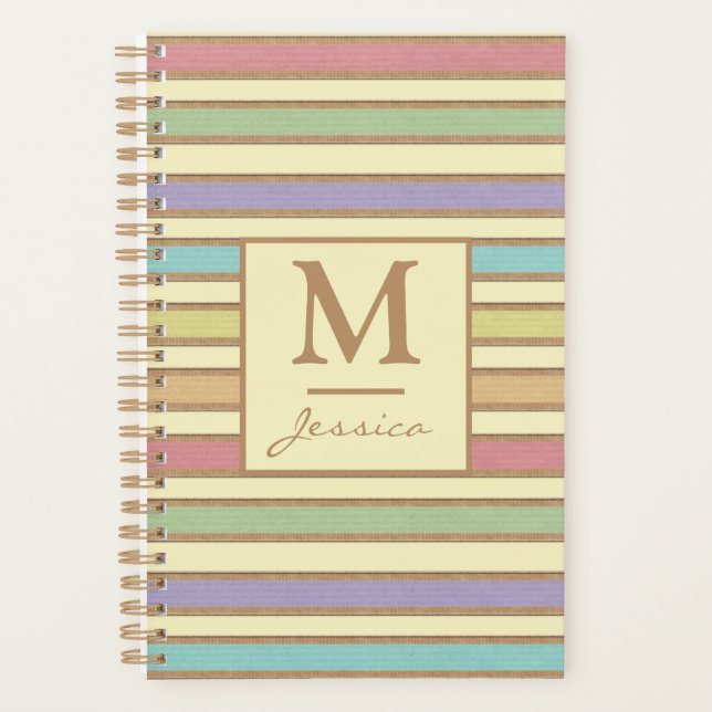 Modern Stylish Pastel Ribbon Striped Monogram Planner (Front)