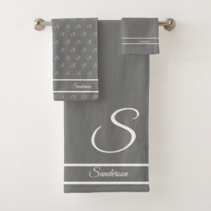 Modern Stylish Pewter Grey White Monogram Name Bath Towel Set