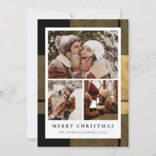 Modern Stylish Photo Collage Black Gold Christmas Holiday Card