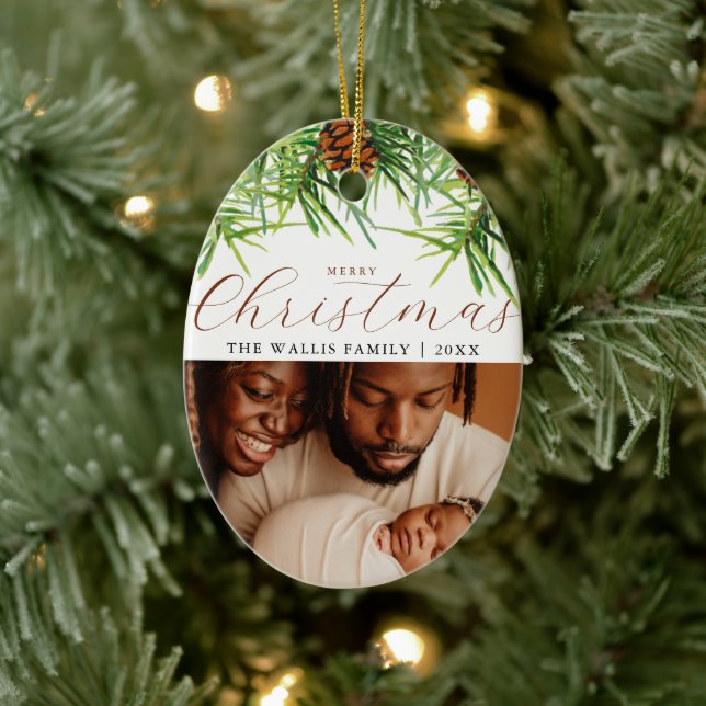 Modern & Stylish Photo & Greetings Christmas Pines Ceramic Tree Decoration (Tree)