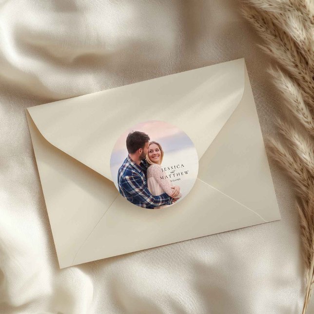 Modern Stylish Photo Wedding  Classic Round Sticker (Creator Uploaded)
