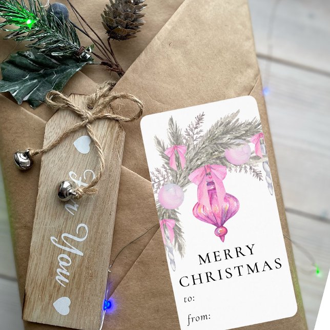 Modern Stylish Pink Bow Watercolor Christmas Label (Creator Uploaded)