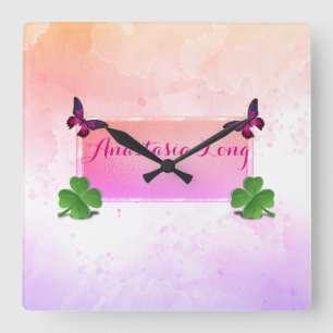 Modern Stylish, Pink Buterfly, Green Clover Square Wall Clock