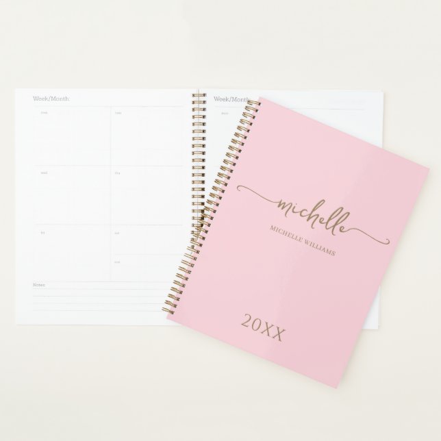 Modern Stylish Pink Gold Script Monogram 2023  Planner (Display)