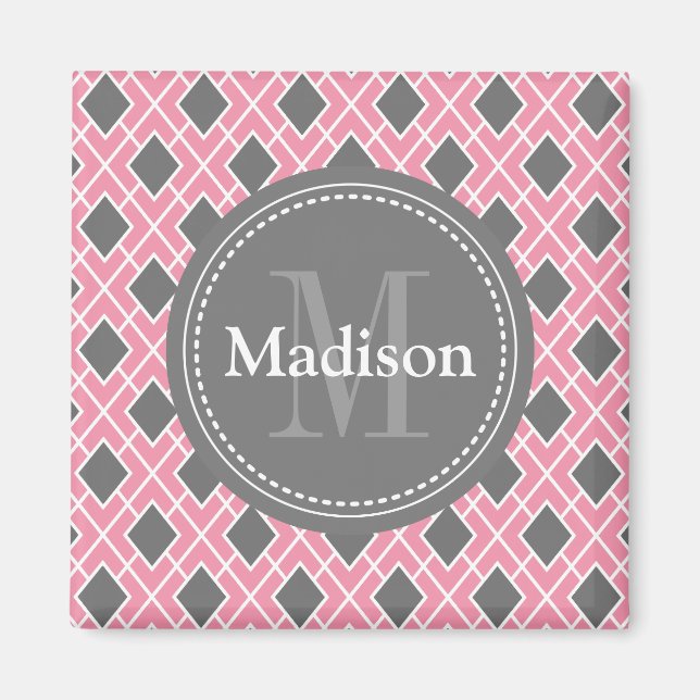 Modern Stylish Pink Grey Diamond Pattern Magnet (Front)