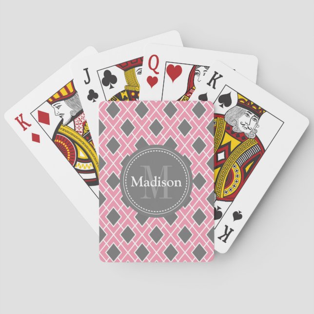 Modern Stylish Pink Grey Diamond Pattern Playing Cards (Back)