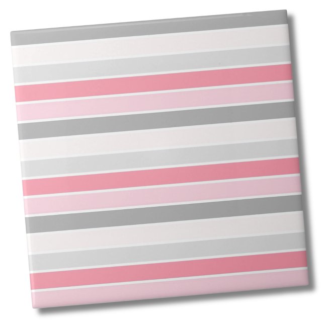 Modern Stylish Pink Stripe Pattern Tile (Simple Modern Bold White Gray Pink Stripe Pattern Ceramic Tile)
