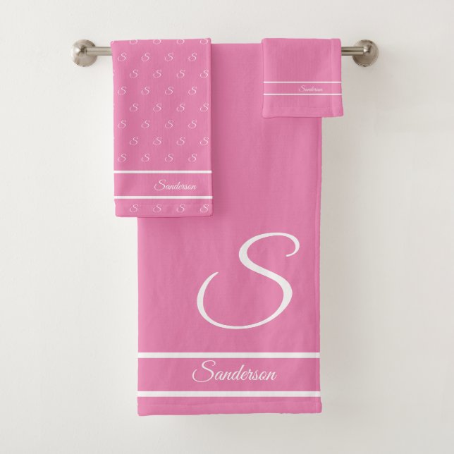  Modern Stylish Pink White Monogram Bath  Towel Set (Insitu)
