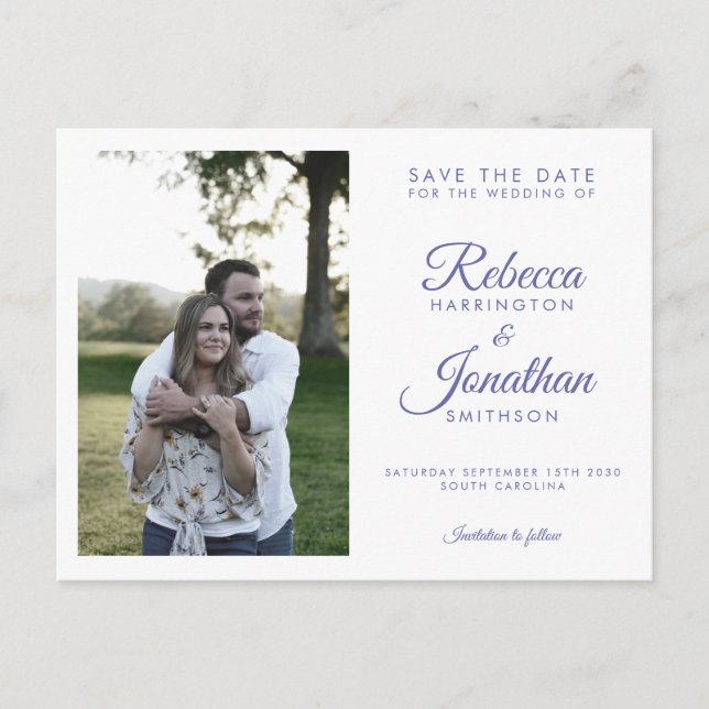 Modern Stylish Purple Photo Wedding Save The Date Invitation Postcard (Front)