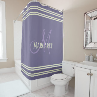 Modern stylish purple white personalised name shower curtain