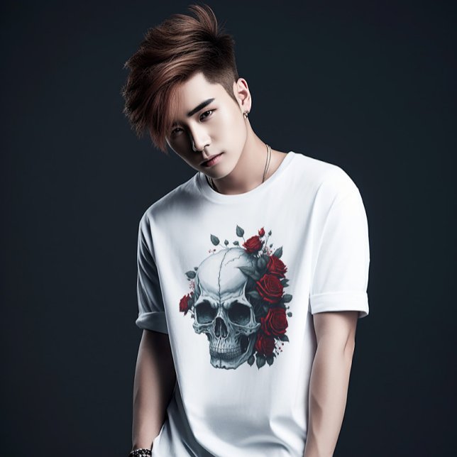 Modern Stylish Red Floral Black Sugar Skull  T-Shirt (Creator Uploaded)