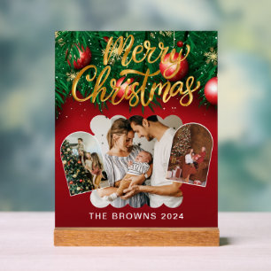 Modern Stylish Red Gold Christmas Family Photo Acrylic Sign