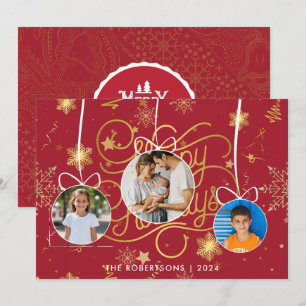 Modern Stylish Red Gold Christmas Family Photo Holiday Card