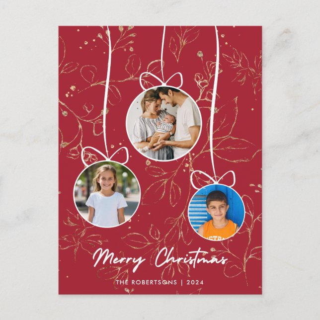 Modern Stylish Red Gold Christmas Family Photo Holiday Postcard (Front)