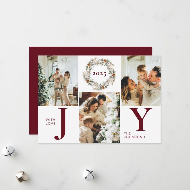 Modern Stylish Red Photo Collage Joy Christmas Holiday Card (Front/Back In Situ)