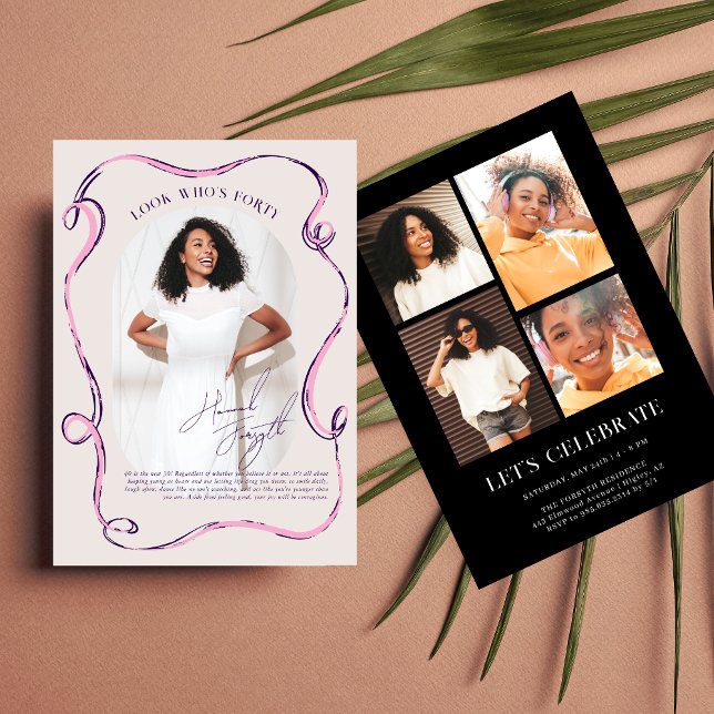 Modern Stylish Ribbon Frame Photo Birthday Invitation (Creator Uploaded)