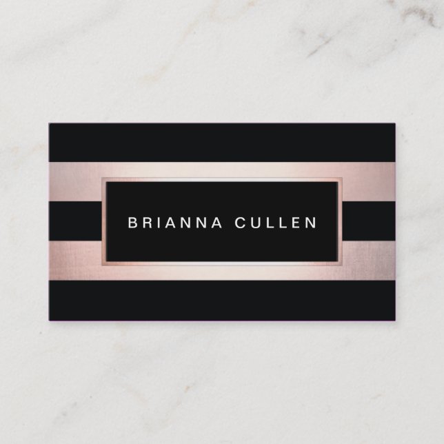 Modern Stylish Rose Gold Black Stripes Business Card (Front)