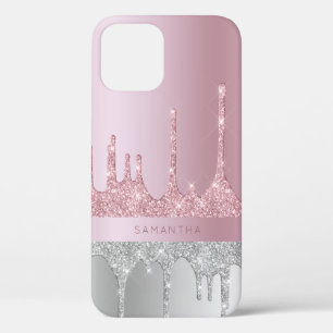 Modern stylish rose gold silver glitter drips iPhone 12 case